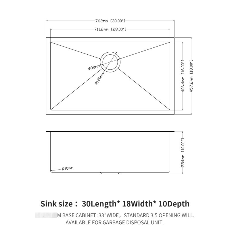 Évier de cuisine noir en acier inoxydable de calibre 16 de 30 po x 18 po x 10 po, avec drain en forme de X et patin de réduction du bruit