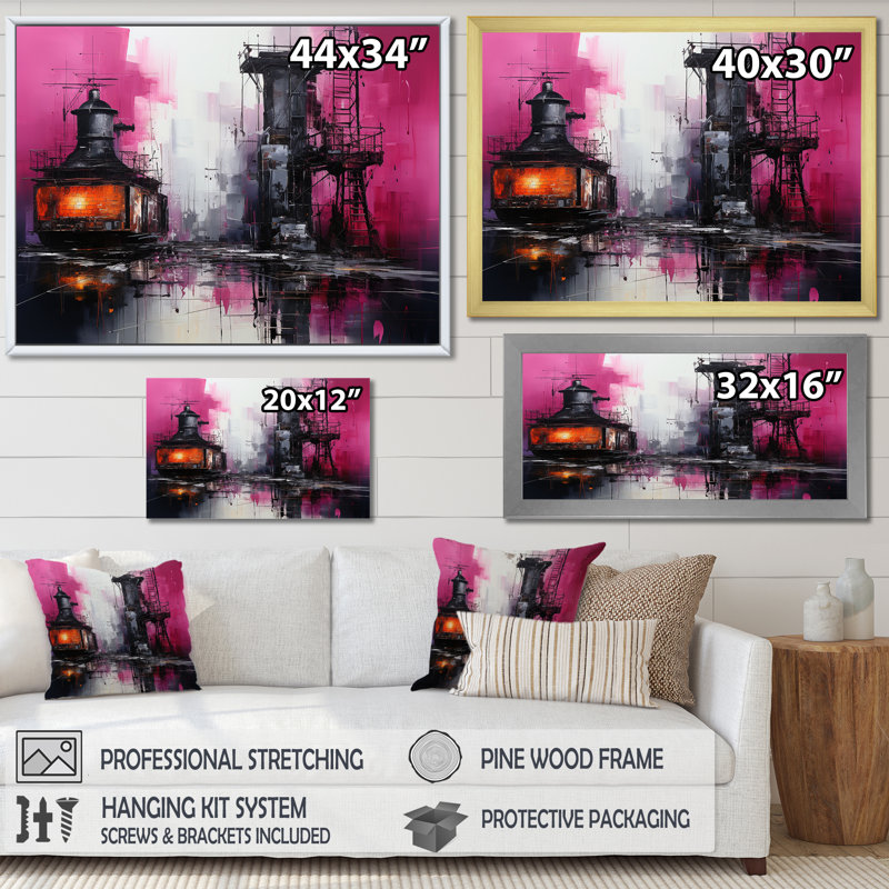 Machines sur toile Magenta, Cadre simple noir, H 12 po x l 20 po x P 1 po