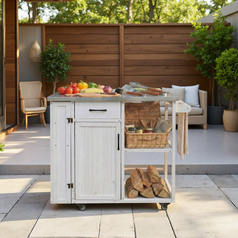 Outdoor Kitchen Cart With Stainless Top, White