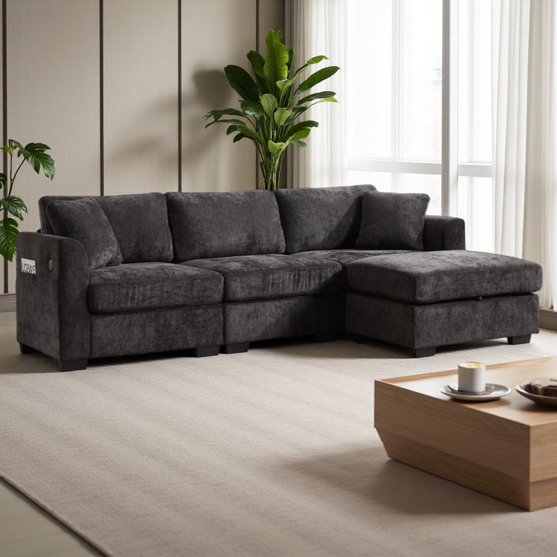 Modern Storage Sofa With Dual USB, 2 Side Pockets,Ottoman Storage Bench Cloud Sectional Chenille Sofa Oversized,4-Seat, L-Shaped Couch