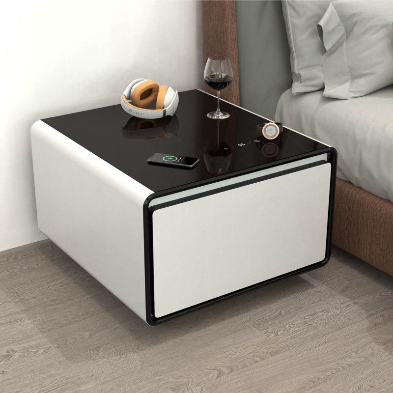 White High Gloss Smart Side Table with Glass Top and Storage