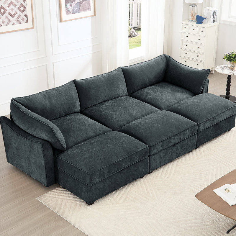Canapé-lit 3 places avec repose-pieds, gris chenille, rangement modulaire caché sous chaque siège, usure et tissu doux, large choix de couleurs gris pour le salon, canapé-lit
