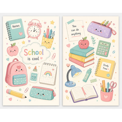 Large Set of 2 Pastel Kawaii School Wall Art Girls Classroom Decor Cute Study Supplies Canvas Prints Kids Bedroom Decor 16x24 Inch Canvas Print - Ready to hang
