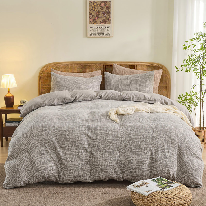 100% Cotton Yarn-Dyed Jacquard Duvet Floral Duvet Cover Set, Queen Duvet Cover + 2 Standard Pillowcases, Gray Geometric Check