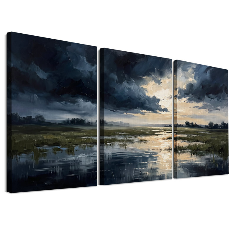 «Dark Storm Clouds Over Marsh» avec ensemble de 3 toiles dorées, H 18 po x l 12 po x 3 pièces