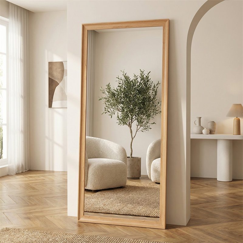 Miroir moderne pleine longueur de 70 po x 31 po avec cadre d'aspect bois ps, verre incassable, montage mural ou incliné