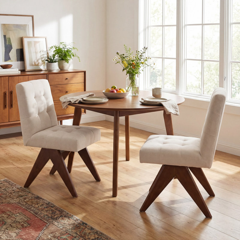 Turfed Linen Upholstered Dining Chair Armless Parsons Side Chair With Solid Wood Legs, Beige