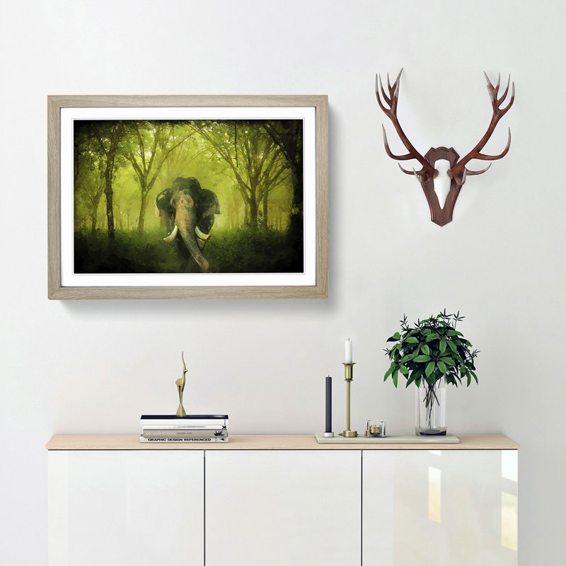 Marvellous Elephant in a Green Forest in Abstract - Picture Frame Painting Print, 40cm H x 60cm W x 2cm D, Oak