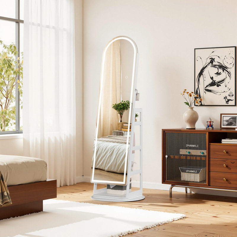 Armoire pour bijoux pivotante à 360 ° avec miroir lumineux pleine longueur, Blanc