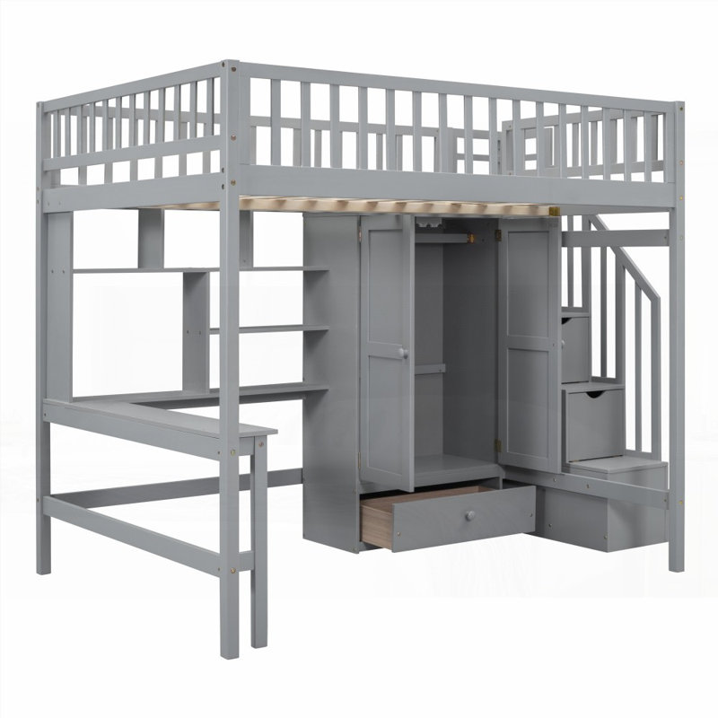 Lit mezzanine double avec bibliothèque, tiroirs et amp; Garde-robe - Gris (L 94,4 po x l 57 po x H 72 po, aucun sommier requis, soutien solide)