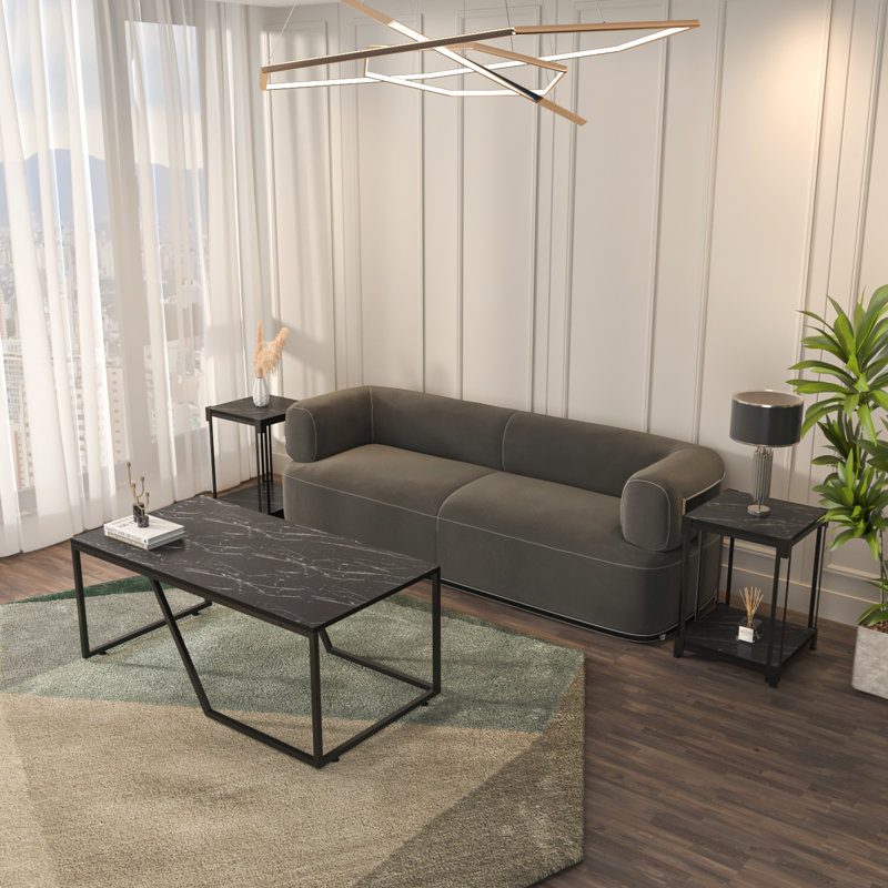 Ensemble de tables basses et tables d'appoint Wendy & Zenas, Motif de marbre noir et noir