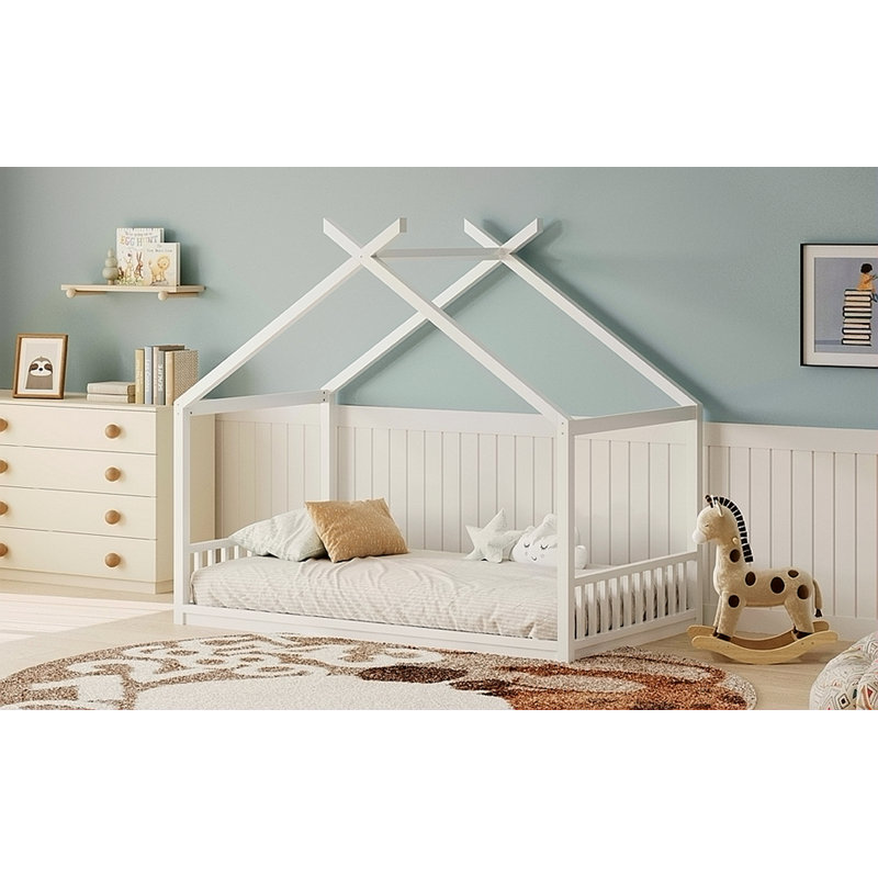 Lit double pleine grandeur de style Montessori, cadre de lit au sol avec tête et pied de lit, lit de clôture en bois pour filles, garçons, assemblage facile, lattes non incluses