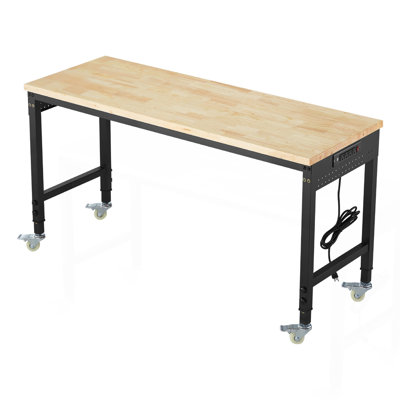 60" Workbench on Wheels Adjustable Height Table with Power Outlet & Pegboard
