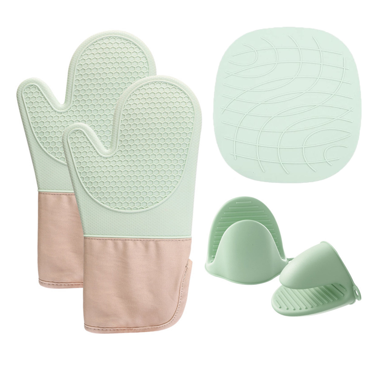 Aliose Mitts And Pot Holders Set 5 Pcs, Extra Long Silicone Gloves