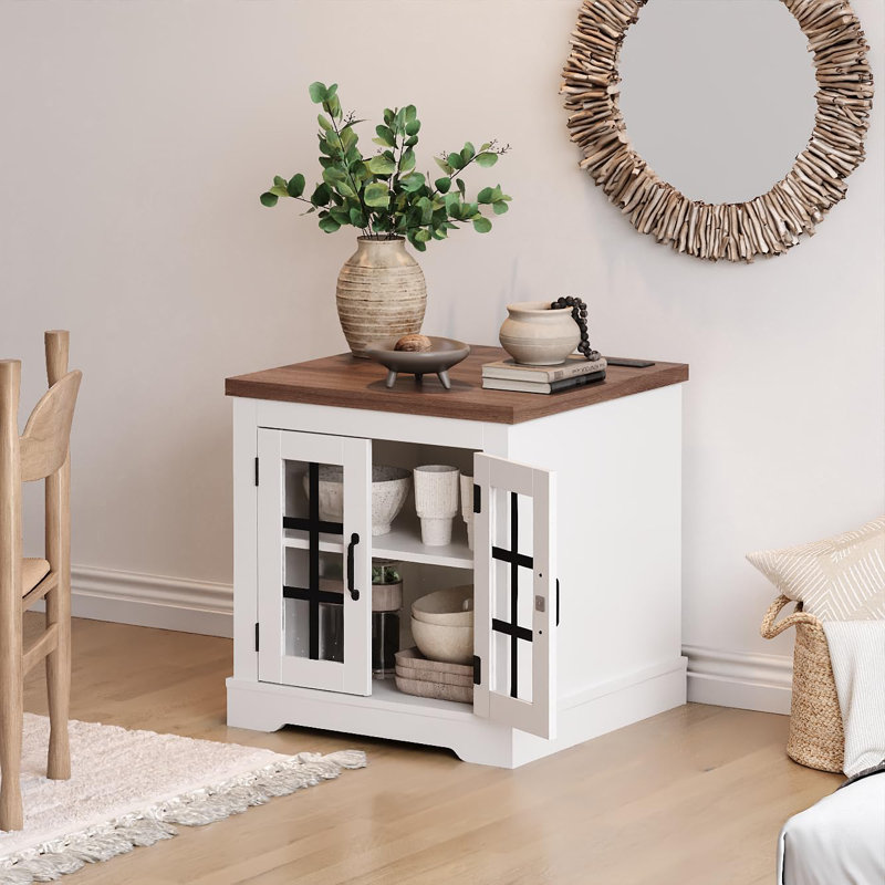 Buffet Cabinet with Storage, Sideboard Buffet with Glass Doors, Built-in Power Outlet, Elegant Walnut Top Plate, for Kitchen, Coffee Bar, Pantry, Living Room
