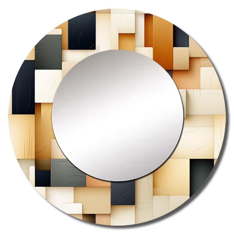 Rosealynn, blocs abstraits taupe Blockchain - miroir mural décoratif géométrique, miroir rond moderne, impression d'art en métal