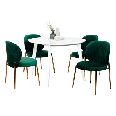 Ensemble de salle à manger 5 places - Table blanche et 4 chaises confortables et luxueuses, structure en bois d'hévéa, somptueux revêtement en velours, aménagement contemporain luxueux d'une pièce ronde avec chaises, bois d'hévéa robuste, décoration luxueuse
