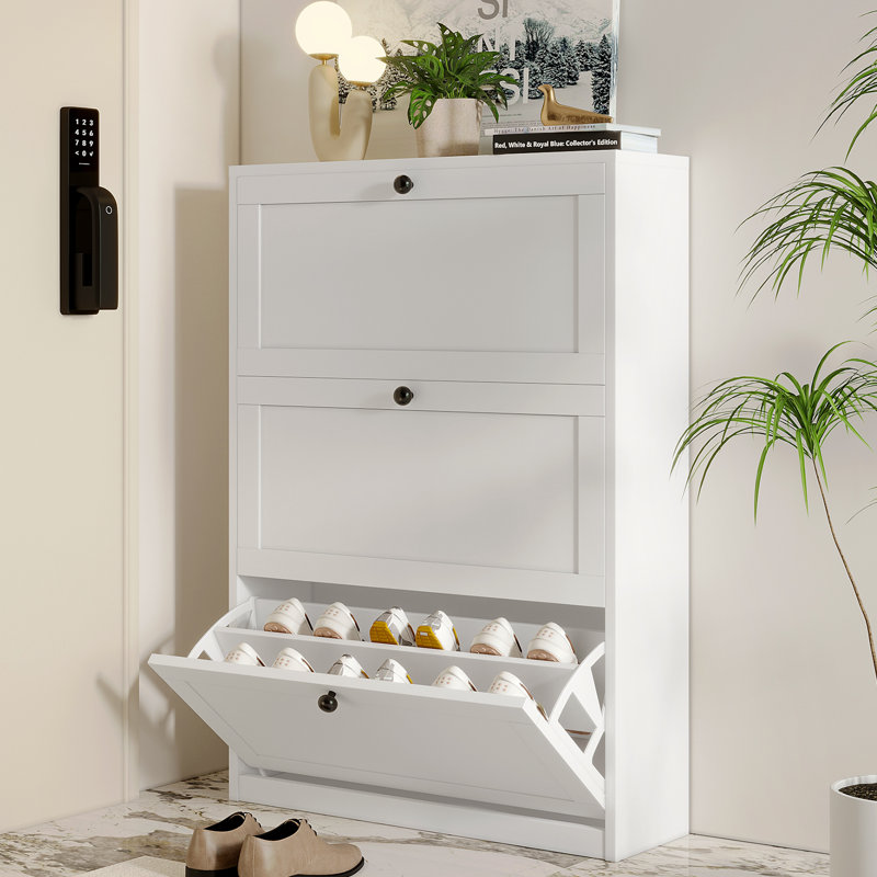 Lasherrie Shoe Storage Cabinet with 3 Flip Drawers, White
