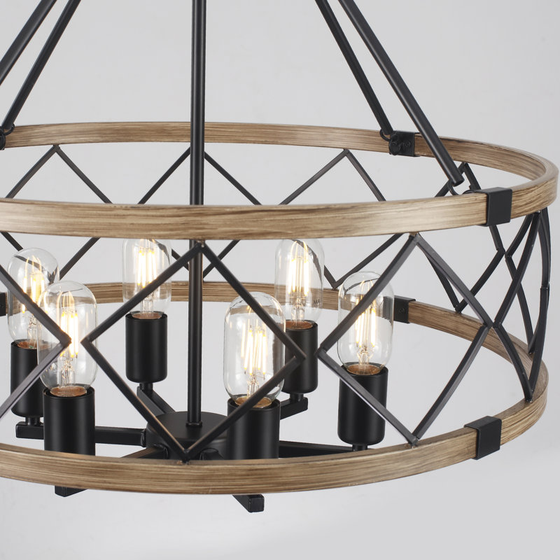 Plafonnier géométrique de ferme à 6 lumières à intensité variable 21,65 po Williston Forge, Noir / grain de bois, 6