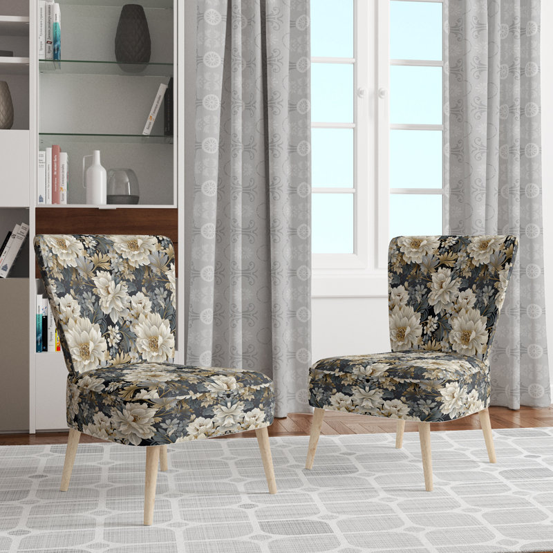 Fauteuil d'appoint rembourré à motif floral rustique Flower Elegance Neutral Gray