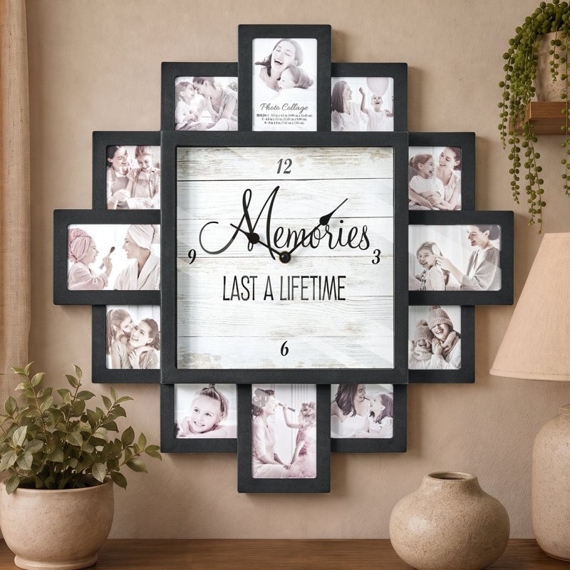 "Memories" 20" x 20" Photo Collage Wall Clock, Black Farmhouse Picture Frame Holds 12 Photos, Battery Operated Family Memory Display for Nursery, Baby Room, Kids Bedroom, Living Room & Wall Decor