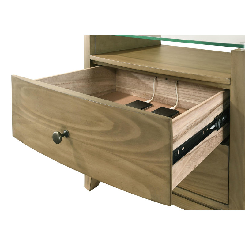 2-Drawer Glass Top Nightstand Natural Pine