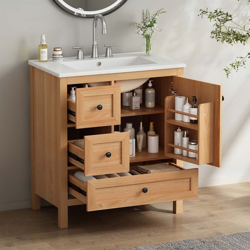 Meuble-lavabo moderne avec lavabo en céramique, tiroirs à fermeture en douceur et support de rangement pour espaces compacts