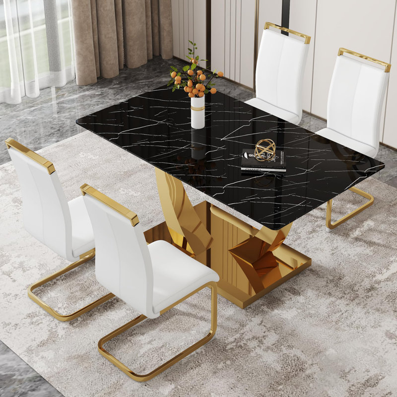 Modern Dining Table Set For 4,Rectangular Pedestal Dining Table With Chairs, Black, White