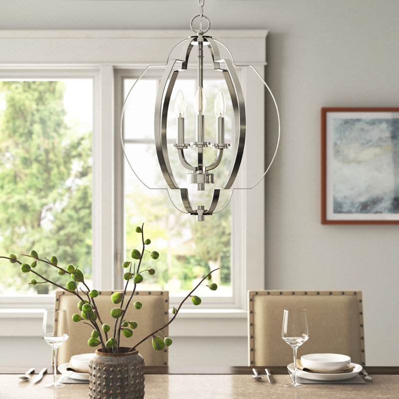 Lustre géométrique à 3 lumières de style bougie , Nickel brossé