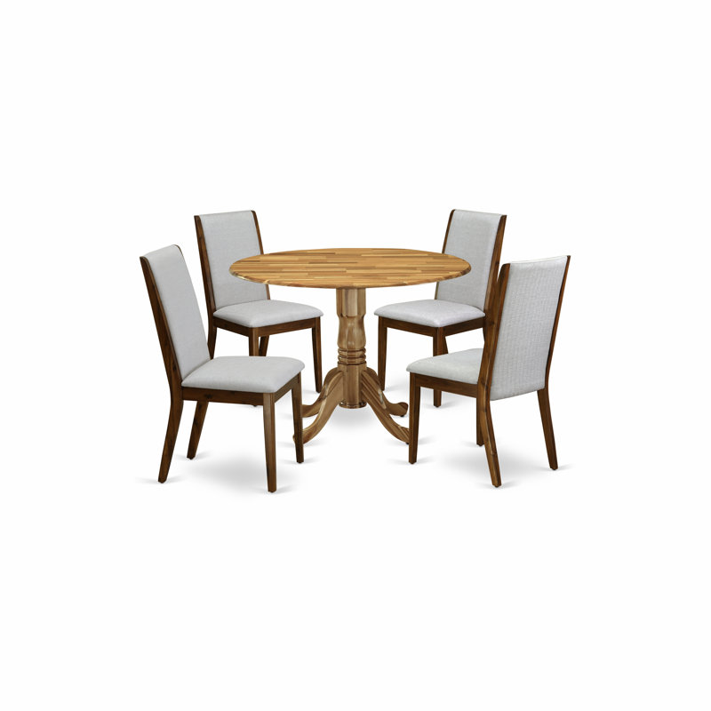 Ensemble de table de salle à manger 5 pièces comprenant une table ronde avec Dropleaf et 4 chaises Parson rembourrées en tissu gris, 42 x 42 pouces, naturel