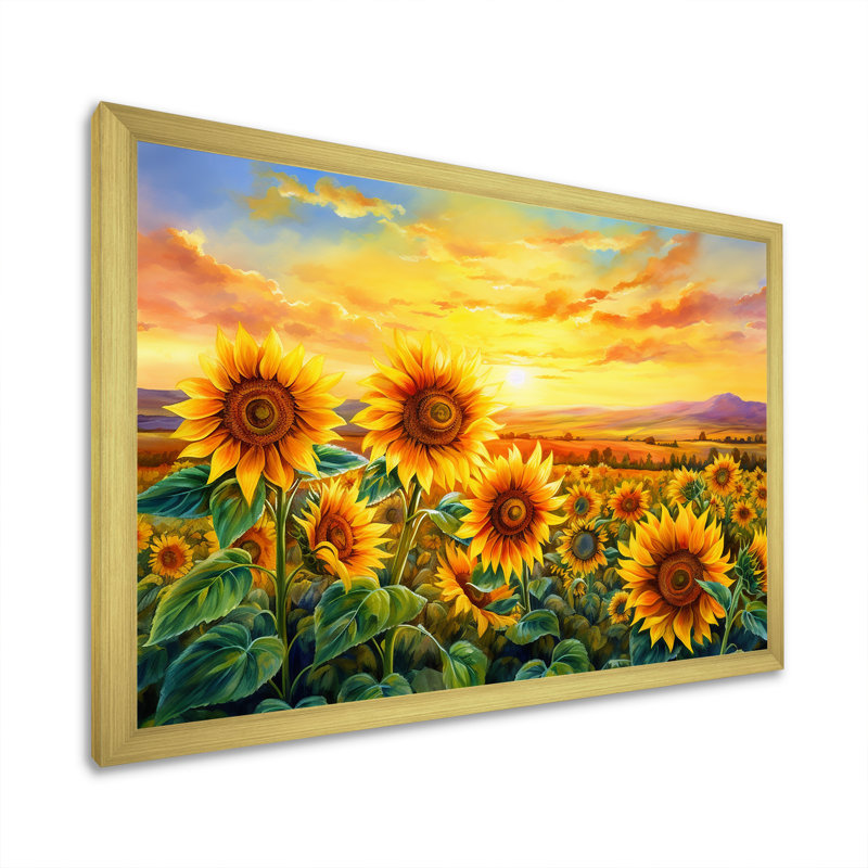 Sunflowers Burning Sunset - Sunflowers Framed Prints, Gold Picture Framed, 16" H x 32" W x 1" D