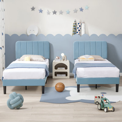 Bedias Set of 2 Twin Upholstered Platform Bed, Velvet Bed Frame with Vertical Channel Adjustable Headboard, Wooden Slats Support, No Box Spring Needed, Noise Free, Light Blue