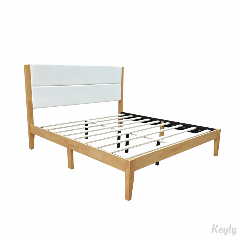 Lit plateforme Mid-Century avec tête de lit tapissier, King, Naturel