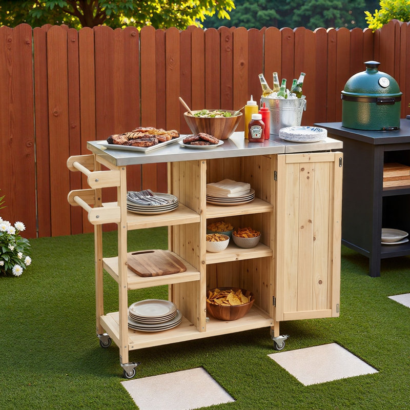 Îlot de cuisine extérieur pliable avec roulettes verrouillables, armoire de rangement et porte-serviettes, Naturel
