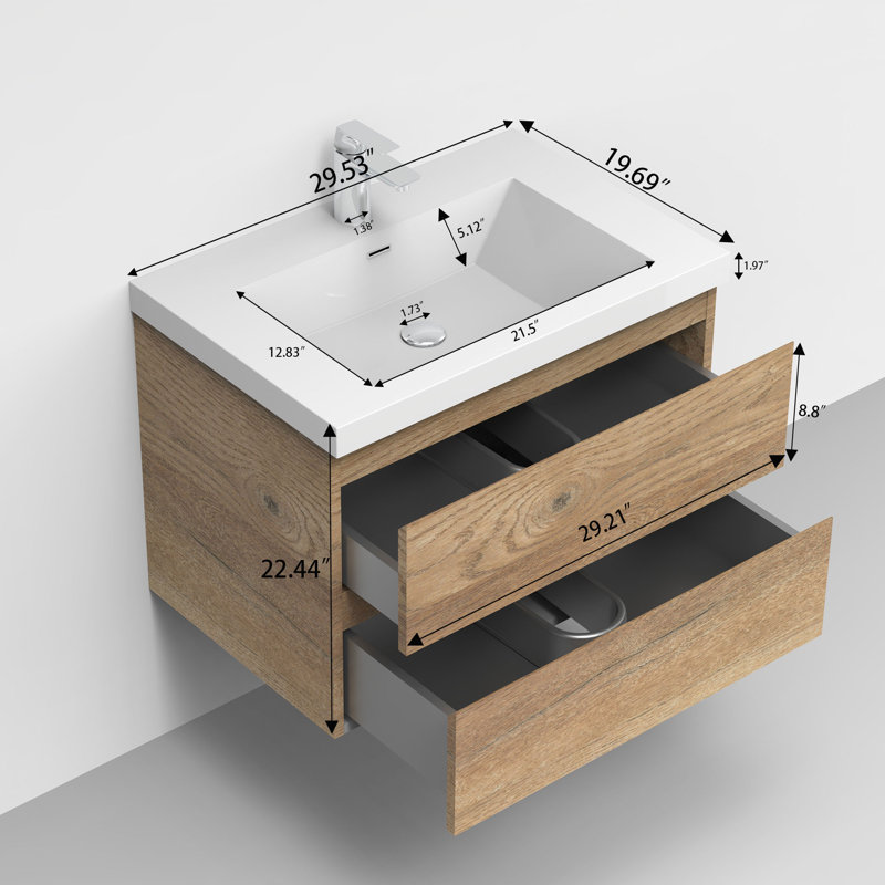 Meuble-lavabo mural flottant 30 po en chêne naturel avec surface de comptoir blanche, Chêne naturel