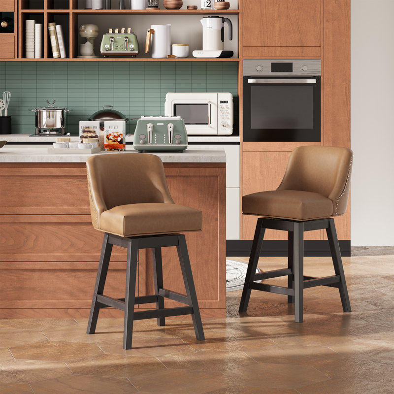 Swivel Upholstered Bar Stool with Solid Wood Frame, Brown