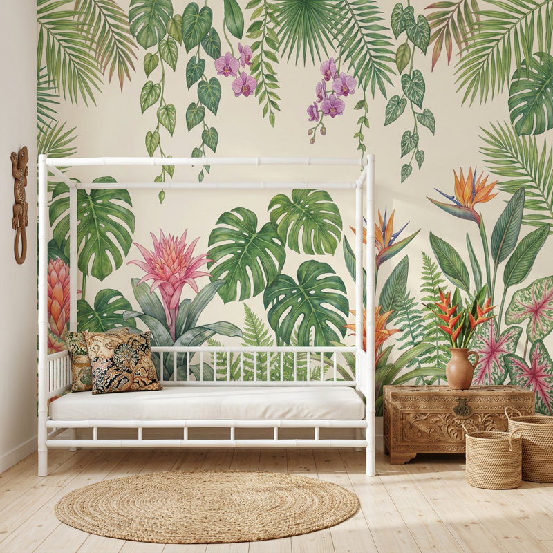 Papier peint botanique tropical, oiseau du paradis, 120 po x 96 po, Peler et coller