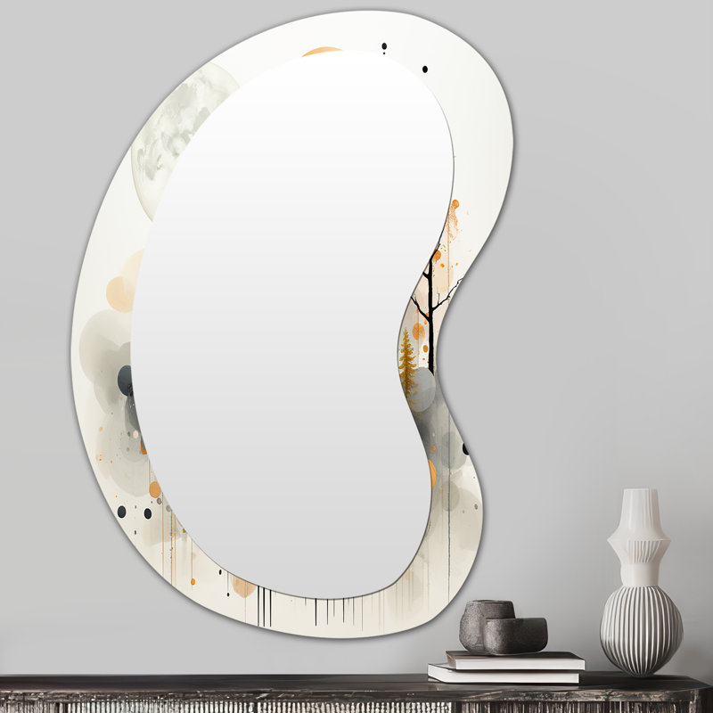 Paysage de forêt moderne noir et jaune IV - Abstrait moderne en métal - Miroir mural asymétrique, 31 po x 22 po