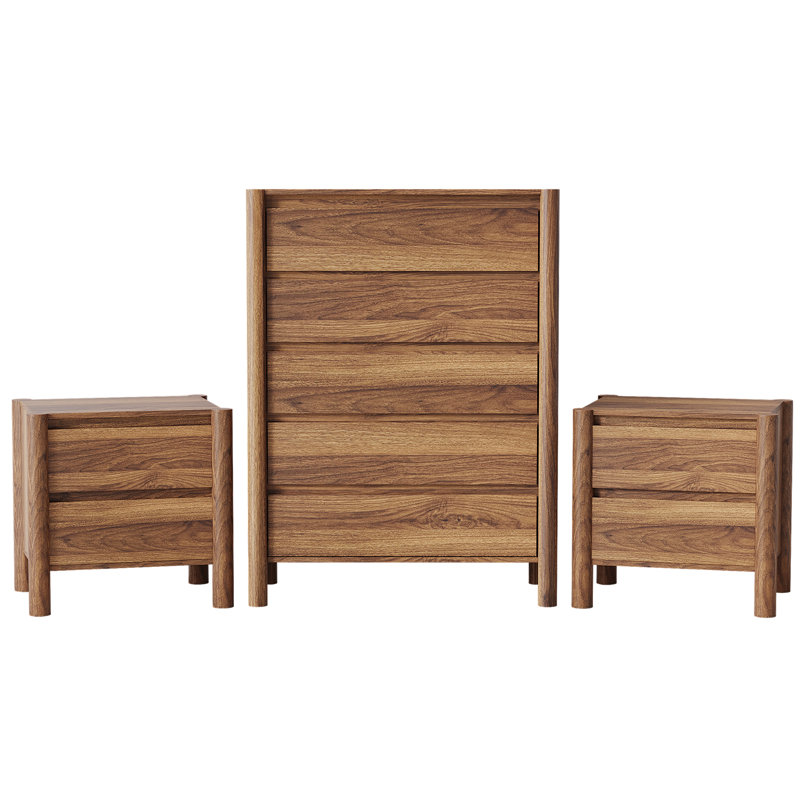Ensemble de chambre à coucher 3 pièces, commode 5 tiroirs et 2 tables de chevet, brun