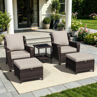 5-Piece Patio PE Wicker Outdoor Set with Side Table,Swivel Chairs,Ottomans & Beige Cushions