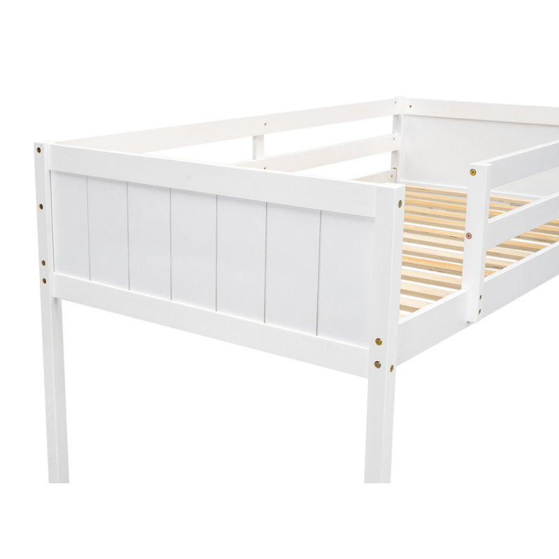 Lit mezzanine simple bas blanc avec main courante détachable - disposition réglable en bois de taille compacte, Lit simple