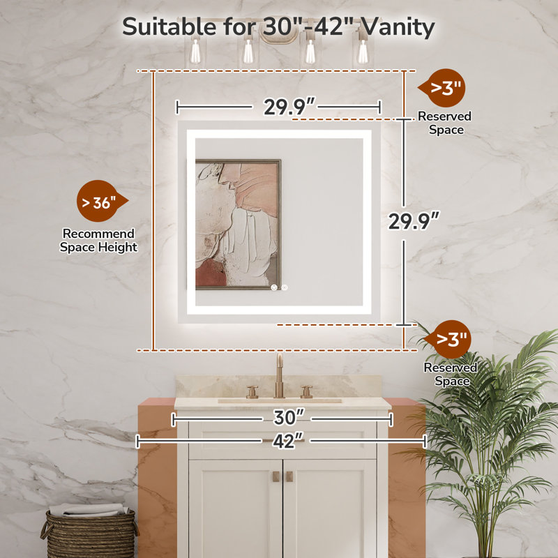 Miroir de meuble-lavabo à fixation murale avant et rétro-éclairé Cardier avec réglage en 3 couleurs, incassable, verre trempé
