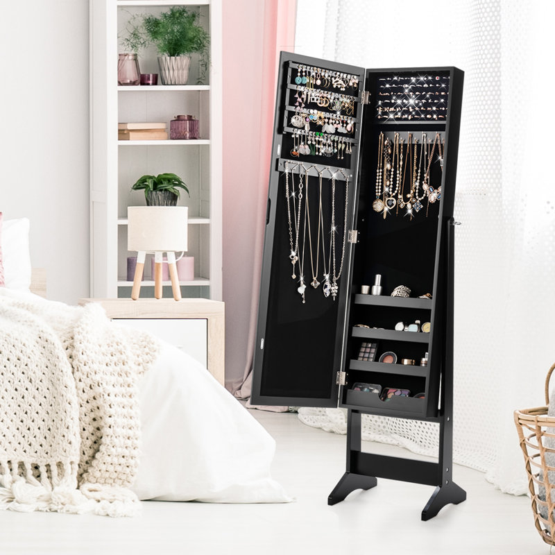 Armoire à bijoux avec miroir pleine grandeur et miroir de maquillage intérieur, Noir