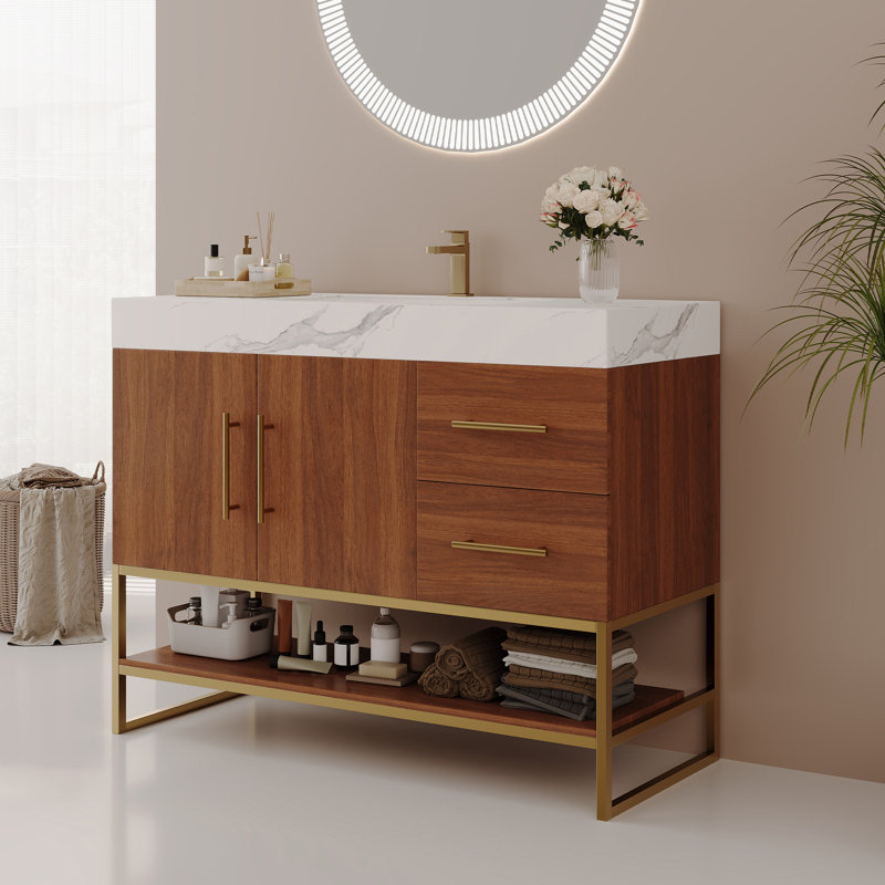 Iscari 36" Modern Vanity With Seamless Ceramic Sink & Gold Accents, Walnut, White Marbel