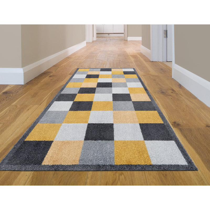 Schall Blocks Ochre Kitchen Mat, Yellow/Grey, 0.8cm H x 67cm W x 150cm L