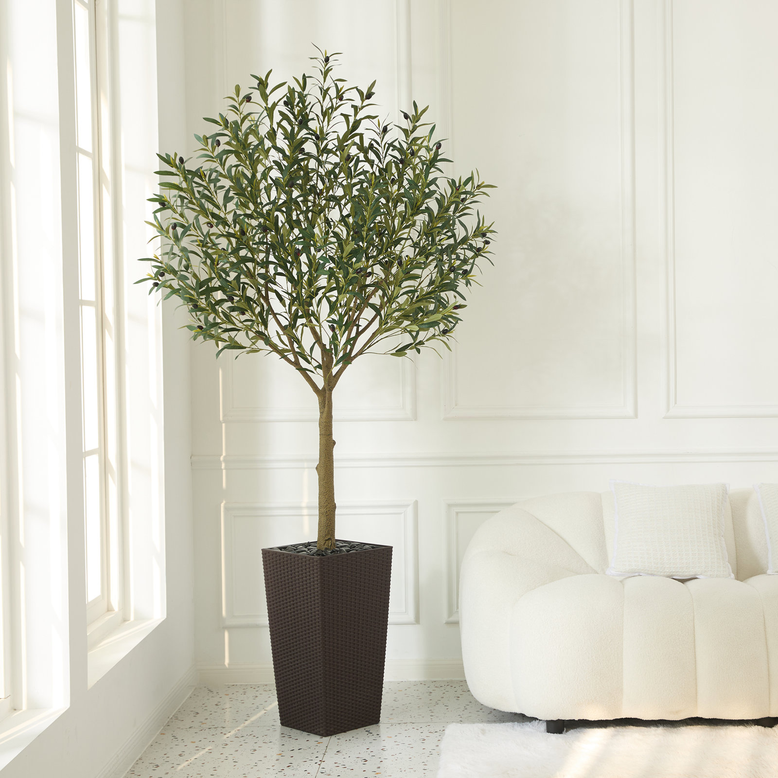 Altera UV Resistant Artificial Olive Tree for Indoor & Outdoor Decor, Large Plastic Base with Pebbles, 84" H x 28" W x 28" D