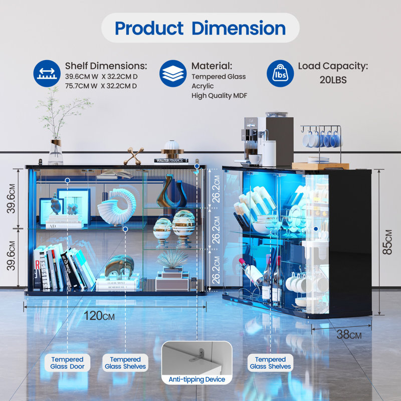 Display Case With Glass Doors And Rgb Light, Black