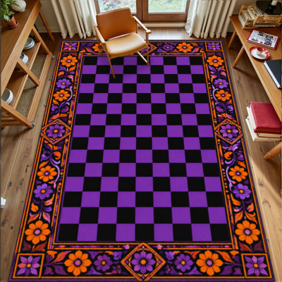 Tapis lavable 180 x 270 cm à carreaux violets, à poils courts, avec envers antidérapant en TPE. Tapis d'intérieur doux et original pour salon, chambre, salle à manger et bureau à domicile.