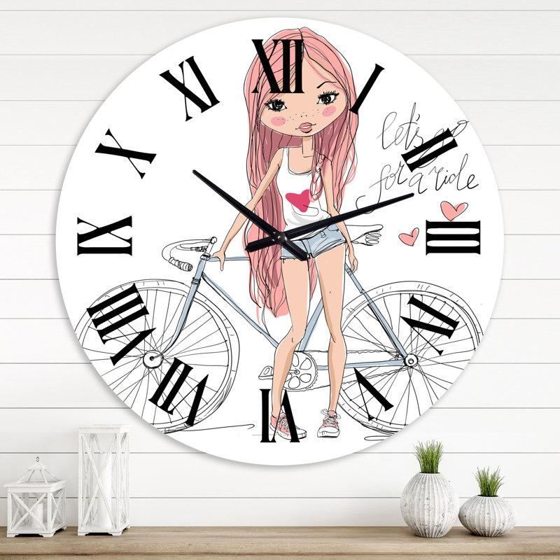 Jeune fille à vélo - horloge murale pour enfants, Surdimensionné