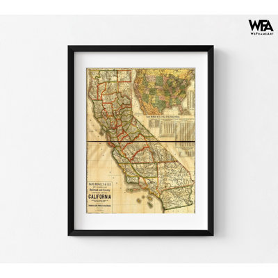 Carte de chemin de fer et de comté de la Californie montrant chaque station de chemin de fer et bureau de poste, décoration murale de bureau de poste, carte de Californie antique